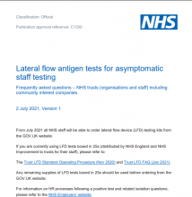 Lateral flow antigen tests for asymptomatic staff testing: Frequently asked questions – NHS trusts (organisations and staff) including community interest companies. [Updated 2nd July 2021]